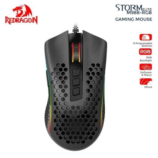 Redragon M988 STORM ELITE RGB 16000 Dpi Gaming Mouse Honey Comb Light Design