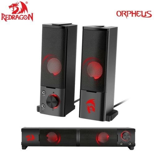 Redragon GS550 ORPHEUS PC Gaming Speakers 2.0 Channel Stereo Sound Bar with Compact Maneuverable Size, Headphone Jack, Quality Bass and Red Backlit