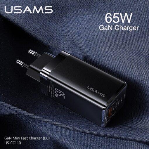 USAMS 65W GaN Mini Fast Wall Charger with 3 Ports For Laptop Mobile Phone Tablet US-CC110