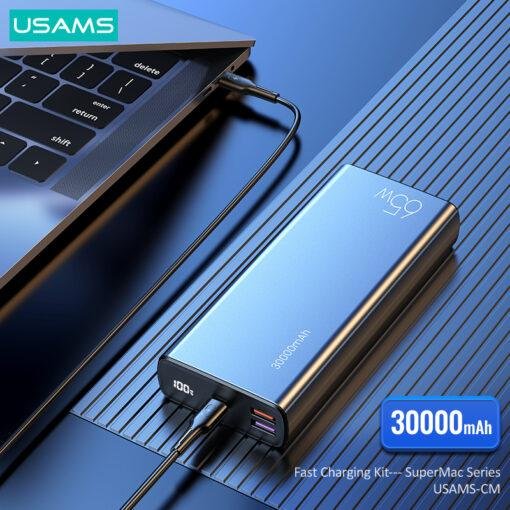 USAMS SuperMAC 30000mah 65W Fast Power Bank for Laptop and Smart Devices Charging Kit with 100W Type-C to Type-C PD Cable