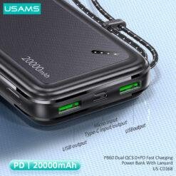 USAMS PB60 22.5W 20000mah Dual QC3.0+PD Fast Charging Power Bank With Lanyard US-CD168 8 USAMS PB60 22.5W 20000mah Dual QC3.0+PD Fast Charging Power Bank With Lanyard US-CD168 - Image 3