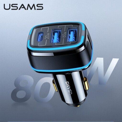 USAMS 80W Car Fast Charger with 3 Ports USB Type C PD 3.0 QC3.0 Quick Charge US-CC126