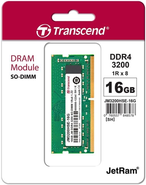 Transcend JetRam 16GB DDR4 3200Mhz Unbuffered SO-DIMM Laptop Memory RAM