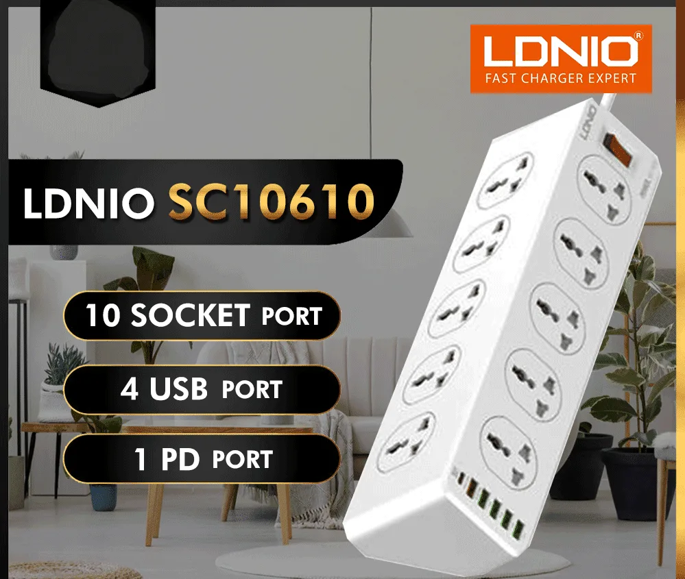 Ldnio SC10610 QC 3.0 PD Fast Charging Socket 2500W with 10 Sockets + 4 Usb Ports + 1 Type-C Pd Port + 1 Qc3.0 Port Desktop Extension Home Charger with 2M Cord 2 Ldnio SC10610 QC 3.0 PD Fast Charging Socket 2500W with 10 Sockets + 4 Usb Ports + 1 Type-C Pd Port + 1 Qc3.0 Port Desktop Extension Home Charger with 2M Cord - Image 2