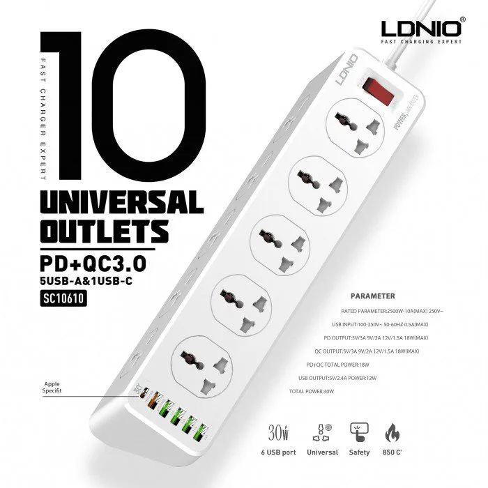 Ldnio SC10610 QC 3.0 PD Fast Charging Socket 2500W with 10 Sockets + 4 Usb Ports + 1 Type-C Pd Port + 1 Qc3.0 Port Desktop Extension Home Charger with 2M Cord 1 Ldnio SC10610