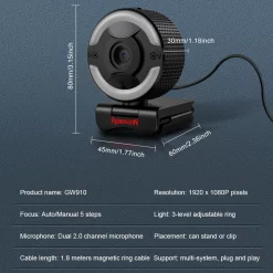REDRAGON Oneshot GW910 USB HD 1080p Webcam with LED Flash Light and Dual Built-in Microphones autofocus 1920 X 1080P 30fps Web Camera - Image 5
