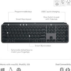 Logitech MX Keys S Wireless Keyboard Graphite, Low Profile, Quiet Typing, Backlight, Bluetooth, USB C Rechargeable for Windows, Linux, Chrome, Mac 10 Logitech MX Keys S Wireless Keyboard Graphite, Low Profile, Quiet Typing, Backlight, Bluetooth, USB C Rechargeable for Windows, Linux, Chrome, Mac - Image 5