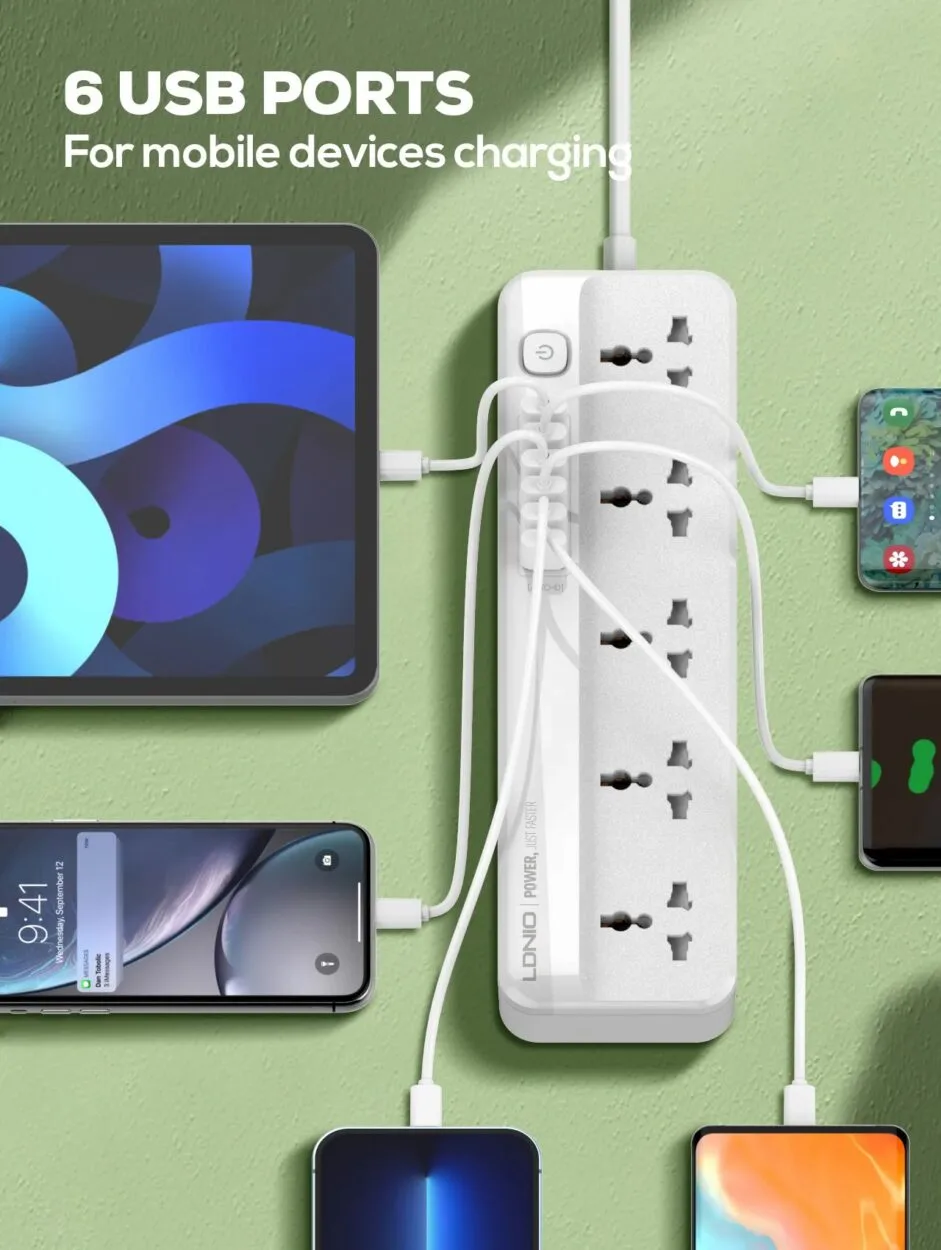 LDNIO SC5614 Power Strip Surge Protector with 5 AC Outlets and 6 USB Charging Ports Intelligent Changing 2500W 2m long extension cord for Home & Office - Image 2