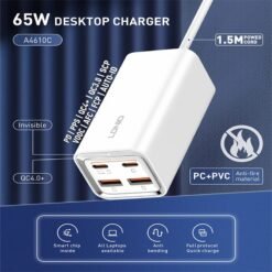 Alternative view of LDNIO A4610C 65W 4 Port USB Charger For Laptop and Phones Type C Qc3.0 Fast Charger Adapter For Iphone 15 14 13 12 Pro Max Samsung Phone Charger