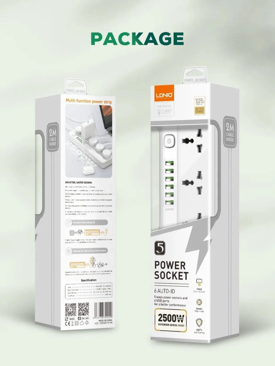 LDNIO SC5614 Power Strip Surge Protector with 5 AC Outlets and 6 USB Charging Ports Intelligent Changing 2500W 2m long extension cord for Home & Office - Image 3