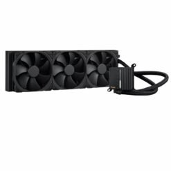 Alternative view of ASUS ProArt LC 420 all-in-one CPU Liquid Cooler with illuminated system status meter and three Noctua NF-A14 industrial PPC-2000