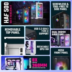 Cooler Master HAF 500 PC Case Mid-Tower, 2 x 200mm Pre-Installed ARGB Fans for High-Volume Airflow, Rotatable 120mm GPU Fan 5 Cooler Master HAF 500 PC Case