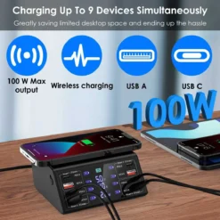 8 Ports 100W Multi-Device Charging Station with Wireless Charging 4 USB QC 3.0 and 4 Type-C PD Ports Hub Charger 15 8 Ports 100W Multi-Device Charging Station