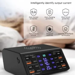 Alternative view of 8 Ports 100W Multi-Device Charging Station with Wireless Charging 4 USB QC 3.0 and 4 Type-C PD Ports Hub Charger