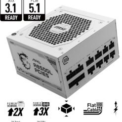 Alternative view of MSI MAG A850GL White 850W PCIE 5.1 ATX 3.1 Gaming Power Supply Full Modular 80 Plus Gold Certified Compact Size ATX PSU