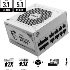 Alternative view of MSI MAG A850GL White 850W PCIE 5.1 ATX 3.1 Gaming Power Supply Full Modular 80 Plus Gold Certified Compact Size ATX PSU