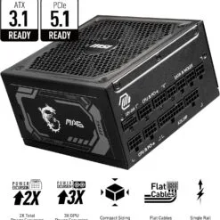 Alternative view of MSI MAG 1250GL PCIE 5 1250W Gaming Power Supply ATX 3.1 & PCIE 5.1 Ready 80 Plus Gold Certified Full Modular Compact Size ATX PSU