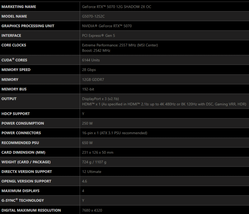 MSI GeForce RTX 5070 12G SHADOW 2X OC Graphics Card 12GB GDDR7 192-bit 13 MSI GeForce RTX 5070 12G SHADOW 2X OC