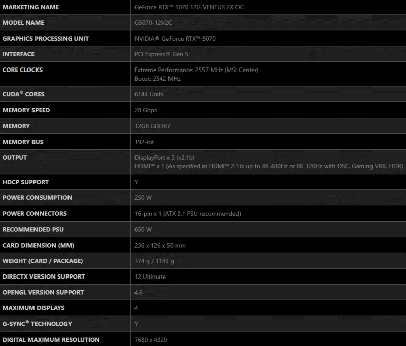 MSI GeForce RTX 5070 12G VENTUS 2X OC Graphics Card 12GB GDDR7 192-bit 13 MSI GeForce RTX 5070 12G VENTUS 2X OC
