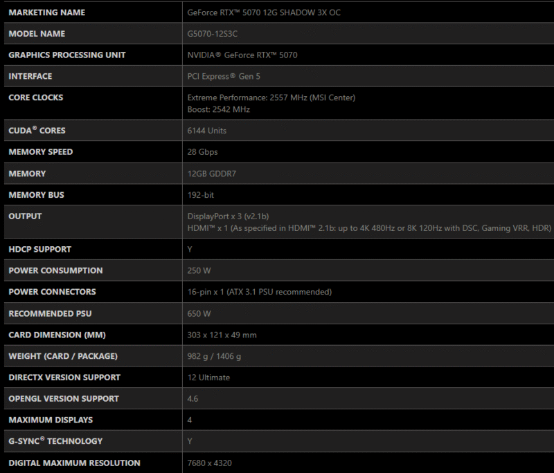 MSI GeForce RTX 5070 12G SHADOW 3X OC Graphics Card 12GB GDDR7 192-bit 12 MSI GeForce RTX 5070 12G SHADOW 3X OC