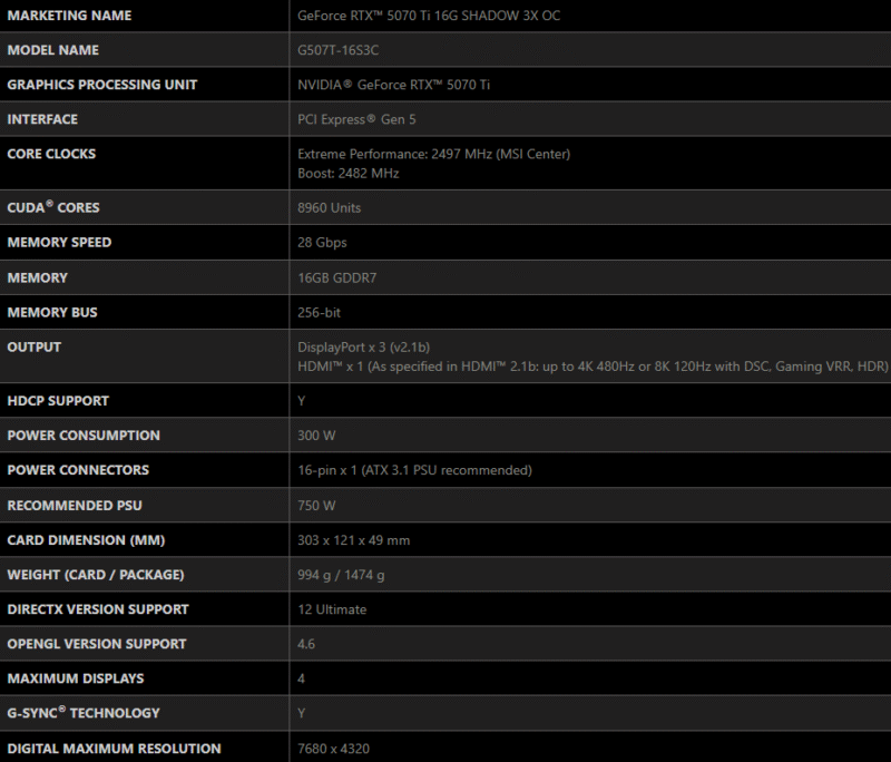 MSI GeForce RTX 5070 Ti 16G SHADOW 3X OC Graphics Card 16GB GDDR7 256-bit 14 MSI GeForce RTX 5070 Ti 16G SHADOW 3X OC