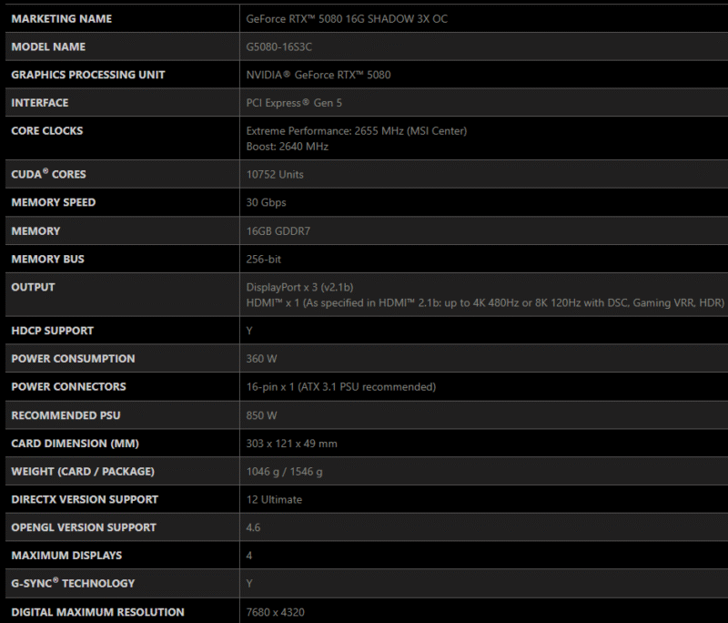 MSI GeForce RTX 5080 16G SHADOW 3X OC Graphics Card 16GB GDDR7 256-bit 15 MSI GeForce RTX 5080 16G SHADOW 3X OC