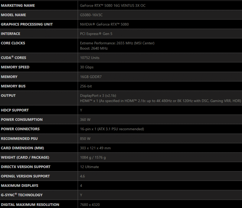 MSI GeForce RTX 5080 16G VENTUS 3X OC Graphics Card 16GB GDDR7 256-bit 13 MSI GeForce RTX 5080 16G VENTUS 3X OC