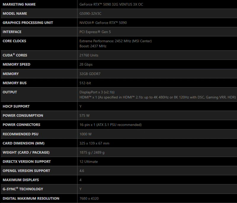 MSI GeForce RTX 5090 32G VENTUS 3X OC Graphics Card 32GB GDDR7 512-bit 13 MSI GeForce RTX 5090 32G VENTUS 3X OC