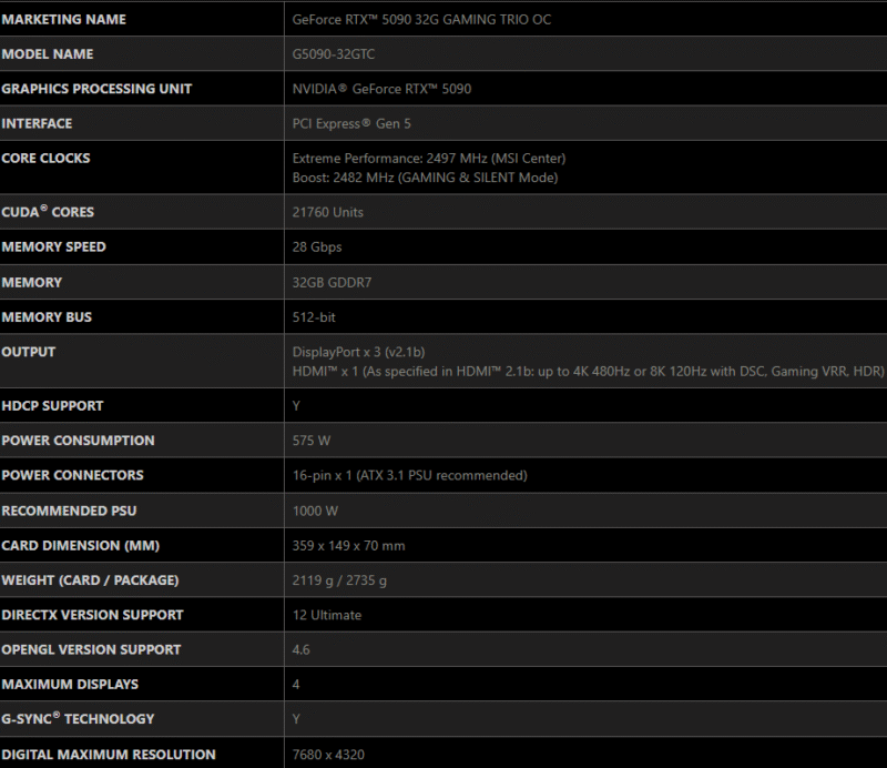 MSI GeForce RTX 5090 32G GAMING TRIO OC Graphics Card RGB 32GB GDDR7 512-bit 13 MSI GeForce RTX 5090 32G GAMING TRIO OC