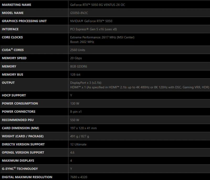 MSI GeForce RTX 5050 8G VENTUS 2X OC Graphics Card 8GB GDDR6 128-bit 10 MSI GeForce RTX 5050 8G VENTUS 2X OC