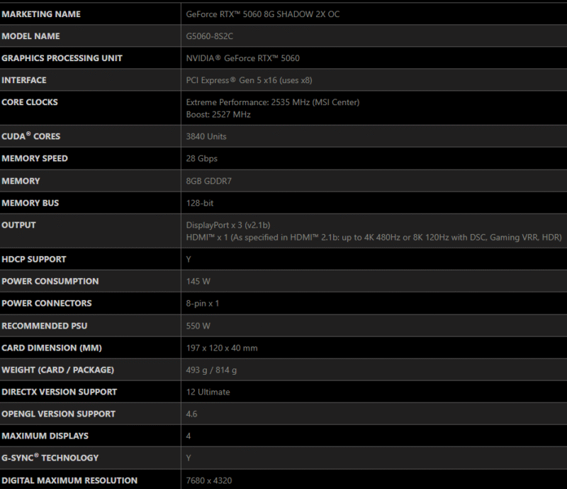 MSI GeForce RTX 5060 8G SHADOW 2X OC Graphics Card 8GB GDDR7 128-bit 10 MSI GeForce RTX 5060 8G SHADOW 2X OC