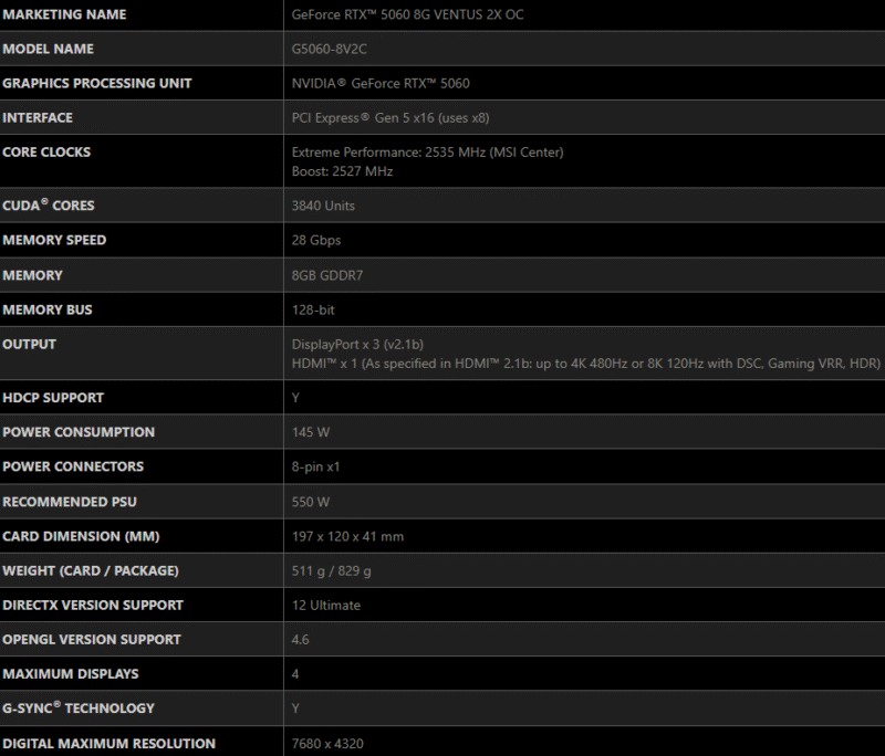 MSI GeForce RTX 5060 8G VENTUS 2X OC Graphics Card 8GB GDDR7 128-bit 12 MSI GeForce RTX 5060 8G VENTUS 2X OC