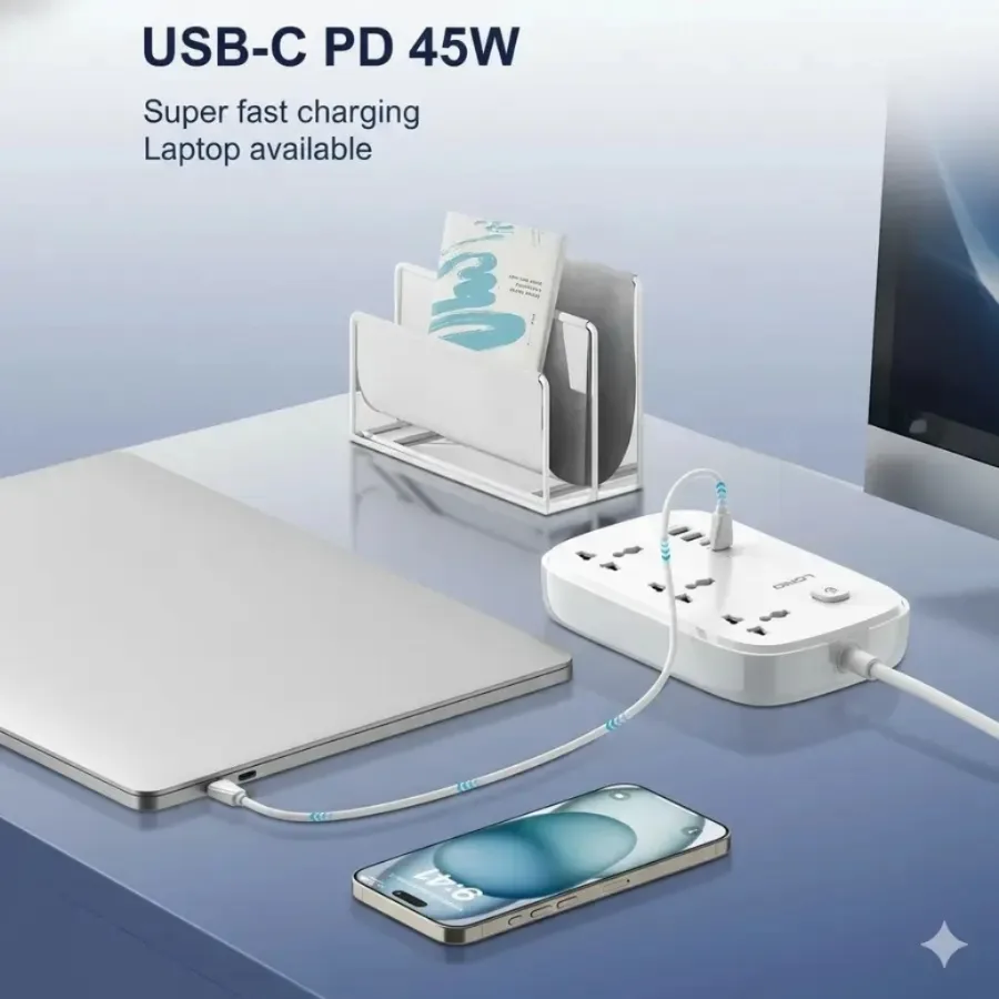 LDNIO SC6 45W GAn Power Strip 3 Sockets 3250W USB-C Port EU PLUG 2 LDNIO SC6 45W GAn Power Strip 3 Sockets 3250W USB-C Port EU PLUG - Image 2