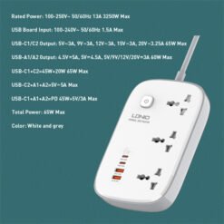 LDNIO SC3416 65W 4 GaN USB Ports and 3 AC Outlets Power Strip Output 2500W - Image 4