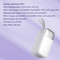 LDNIO PQ50 50000mAh 22.5W Power Bank with Built-in USB-C and Lightning Cables 6 LDNIO PQ50 50000mAh 22.5W Power Bank with Built-in USB-C and Lightning Cables - Image 3
