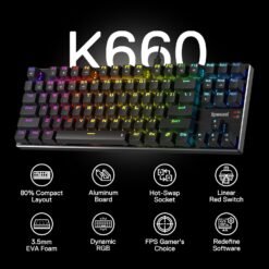 Redragon K660 RGB Wired TKL Gaming Keyboard 80% 87 Mechanical Keys Aluminum Base Upgraded Hot-Swap Socket Quiet with Linear Red Switch 9 Redragon K660 RGB Wired TKL Gaming Keyboard 80% 87 Mechanical Keys Aluminum Base Upgraded Hot-Swap Socket Quiet with Linear Red Switch - Image 3