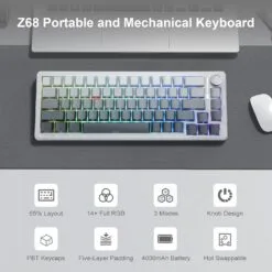 Alternative view of E-YOOSO Z-68 Tri-Mode Wireless 65% Mechanical Gaming Keyboard Gradient Gray RGB 68 Keys Hot Swappable Silver Wood Switches