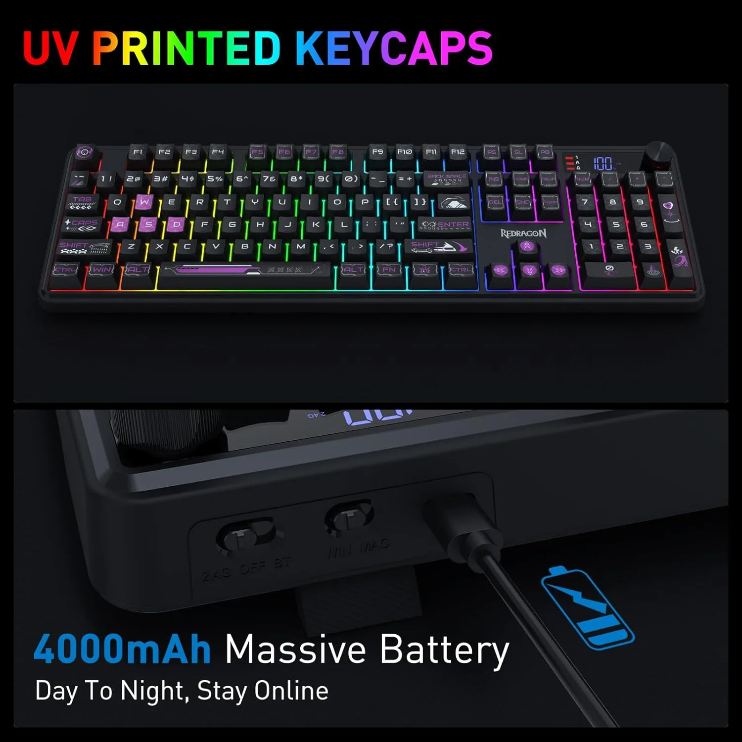 Redragon K526 PRO VOLCANO RGB Tri-Mode Wireless Membrane Gaming Keyboard Black Purple with LED Info Display and Media/Backlit Knob Control Software Supported 7 Redragon K526 PRO