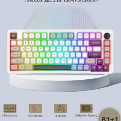 Alternative view of E-YOOSO Z-82 Tri-Mode Wireless 75% Gaming RGB Mechanical Keyboard Hot Swappable with Five-Layer Padding & Knob, Bluetooth/2.4GHz/USB-C, White Grey