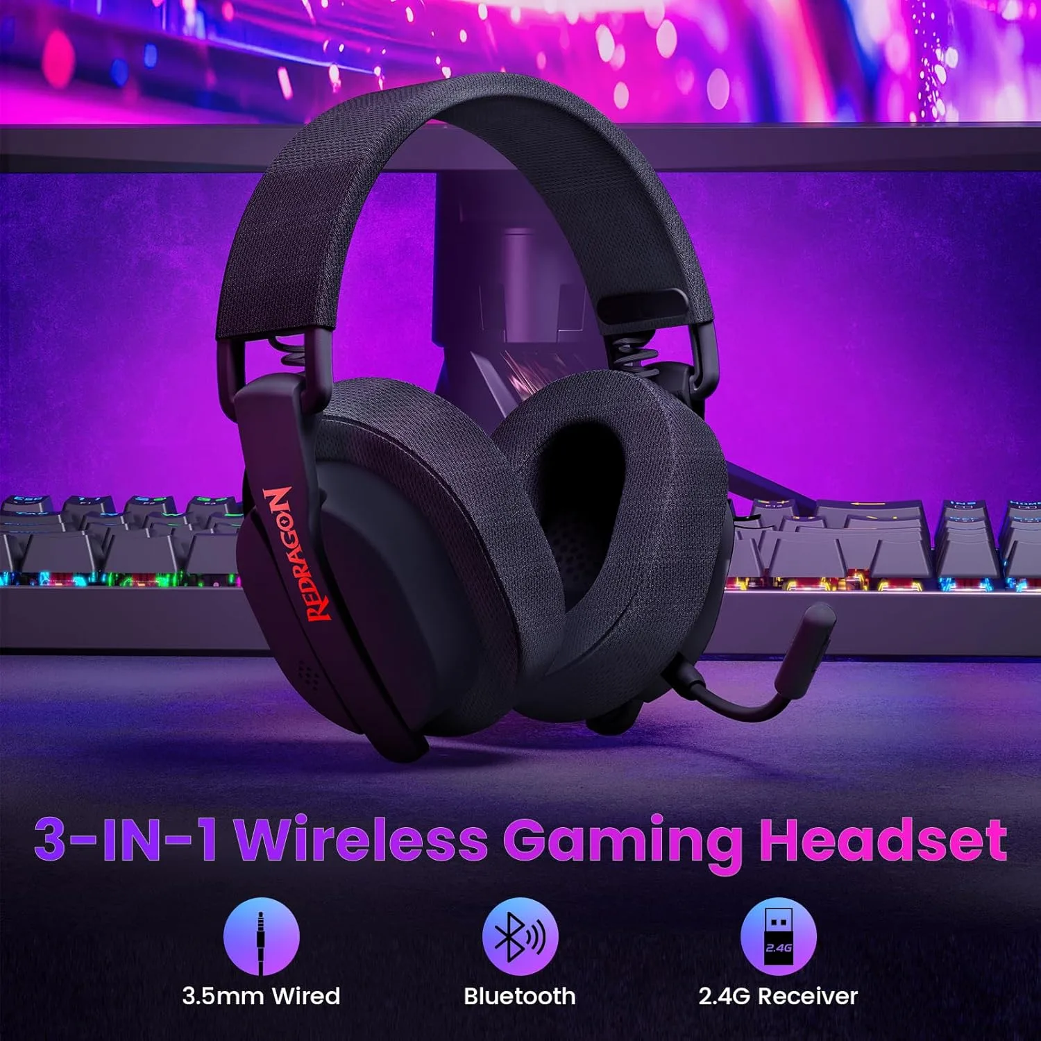Redragon H888 LUCE Tri-Mode Wireless Gaming Headset with 7.1 Surround Sound 168G Lightweight Design with Detachable Mic Soft Memory Foam Black 3 Redragon H888 LUCE Tri-Mode Wireless Gaming Headset with 7.1 Surround Sound 168G Lightweight Design with Detachable Mic Soft Memory Foam Black - Image 3