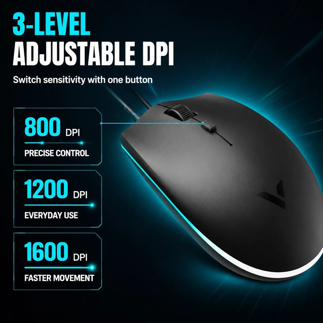 RAPOO V11S Optical Wired RGB Gaming 1600DPI Ergonomic Design 5 RAPOO V11S