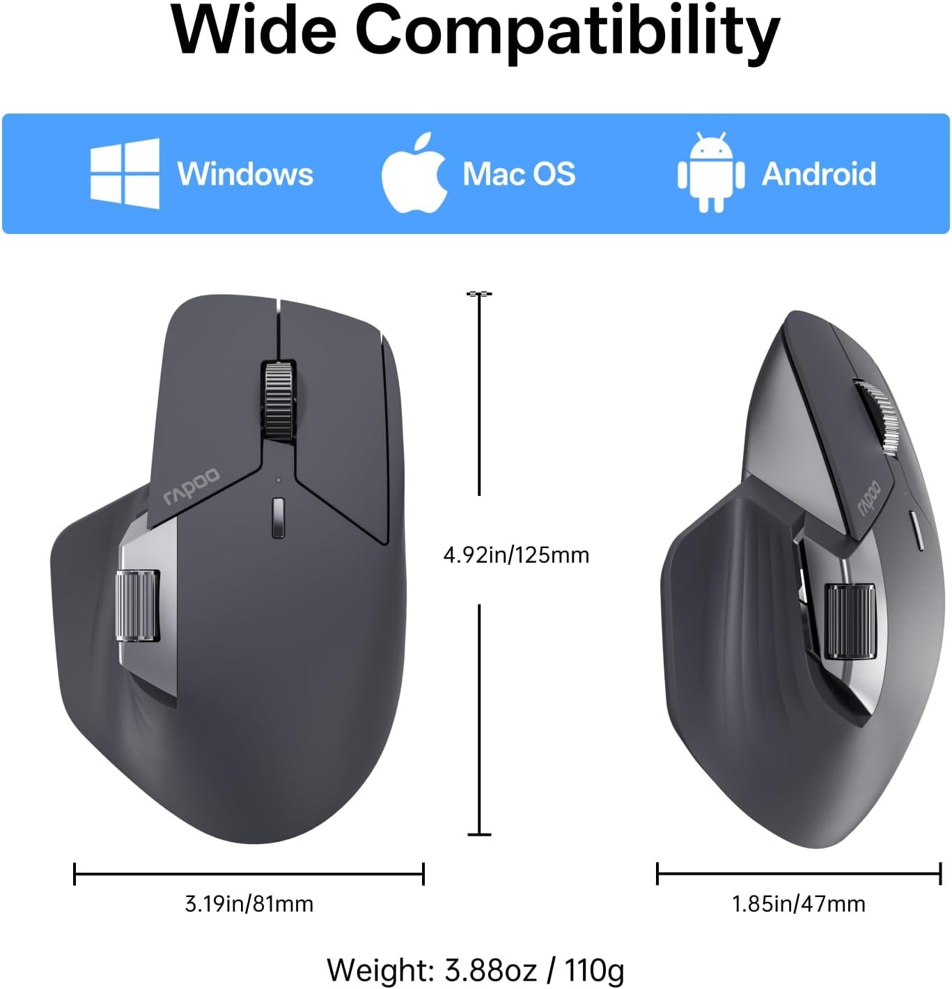 RAPOO MT760 PRO Wireless Mouse Black NearLink + Bluetooth 5.0 Multi-Device, 12K DPI, 2K Polling, Ergo for Work & Gaming, 11 Programmable Buttons 8 RAPOO MT760 PRO