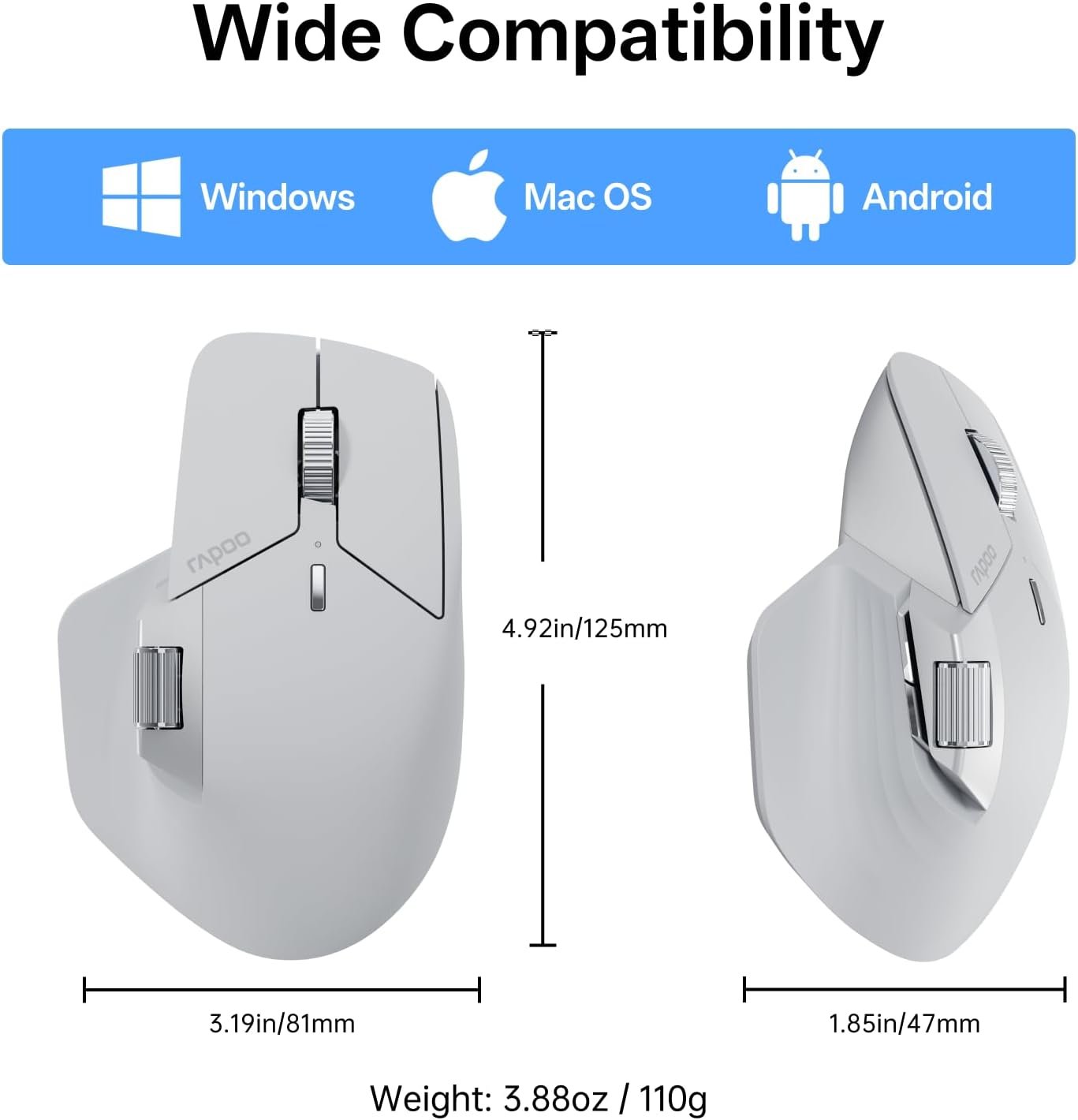 RAPOO MT760 PRO Wireless Mouse Light Grey NearLink + Bluetooth 5.0 Multi-Device, 12K DPI, 2K Polling, Ergo for Work & Gaming, 11 Programmable Buttons 8 RAPOO MT760 PRO