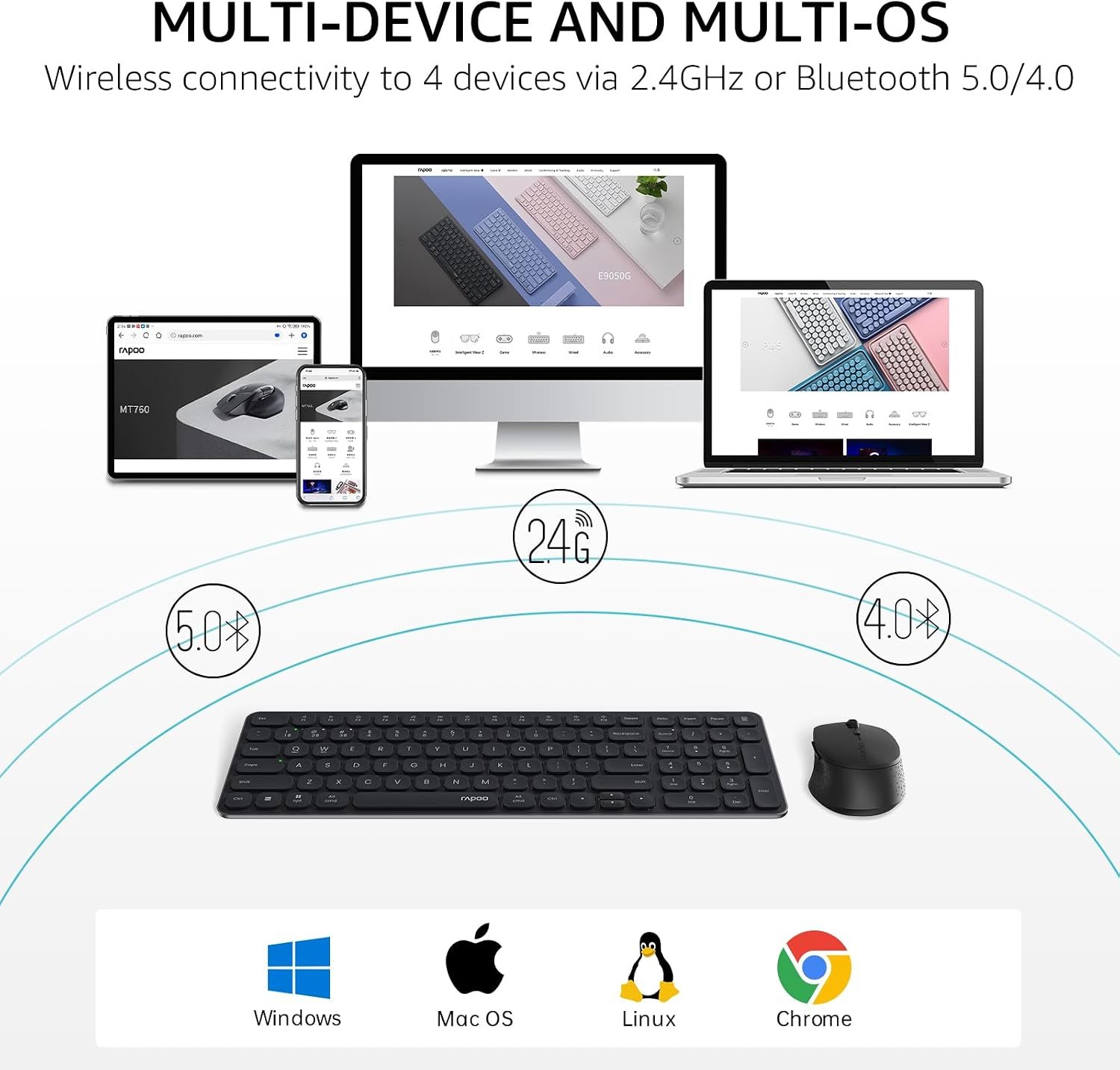 RAPOO 9360M Wireless Combo Black Keyboard and Mouse 99-Key Ultra-Thin Bluetooth Keyboard with Number Pad & M300G Silent Mouse, Support 4 Devices 2 RAPOO 9360M Wireless Combo Black Keyboard and Mouse 99-Key Ultra-Thin Bluetooth Keyboard with Number Pad & M300G Silent Mouse, Support 4 Devices - Image 2
