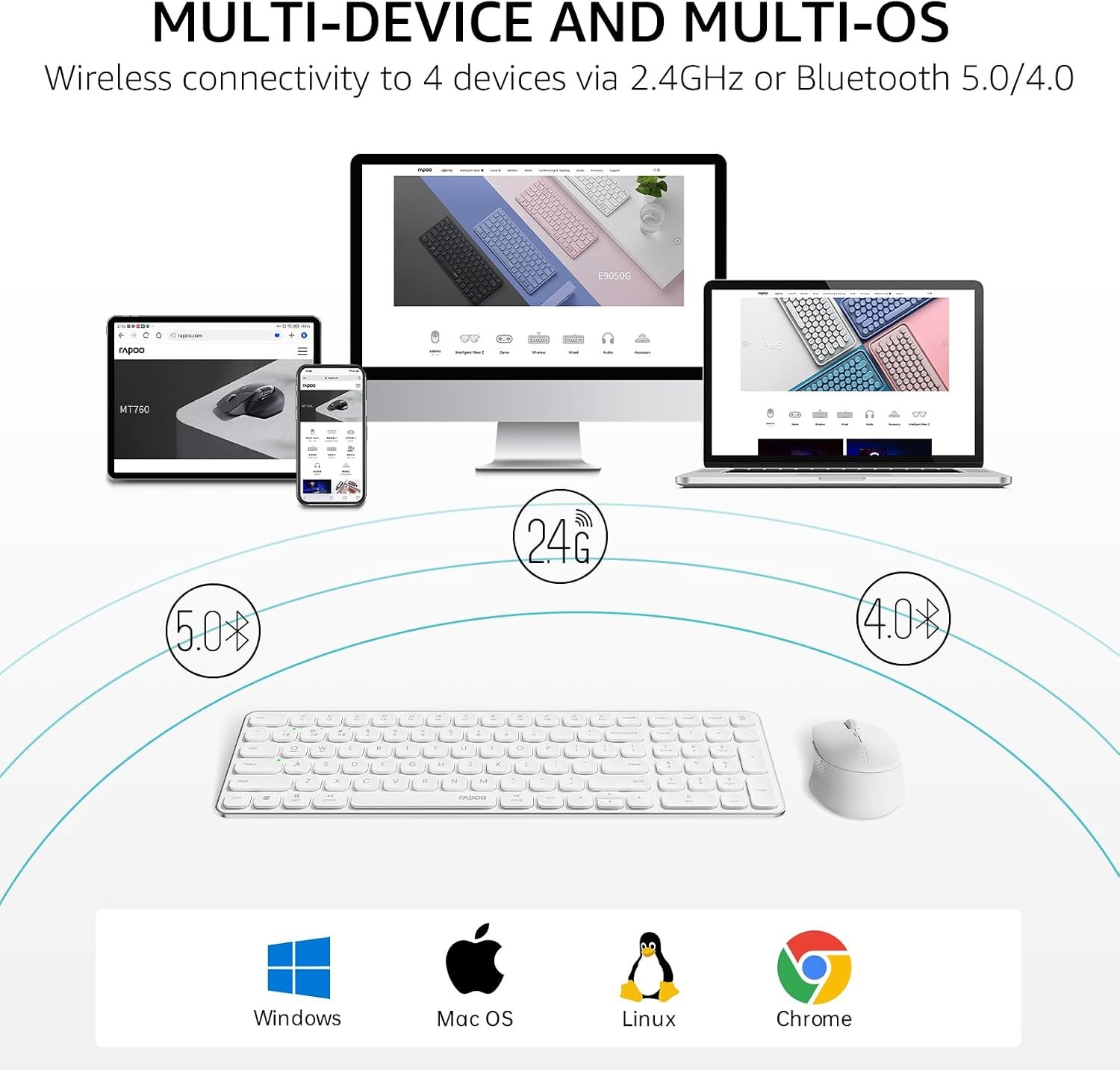 RAPOO 9360M Wireless Combo White Keyboard and Mouse 99-Key Ultra-Thin Bluetooth Keyboard with Number Pad & M300G Silent Mouse, Support 4 Devices (Copy) 2 RAPOO 9360M Wireless Combo White Keyboard and Mouse 99-Key Ultra-Thin Bluetooth Keyboard with Number Pad & M300G Silent Mouse, Support 4 Devices (Copy) - Image 2