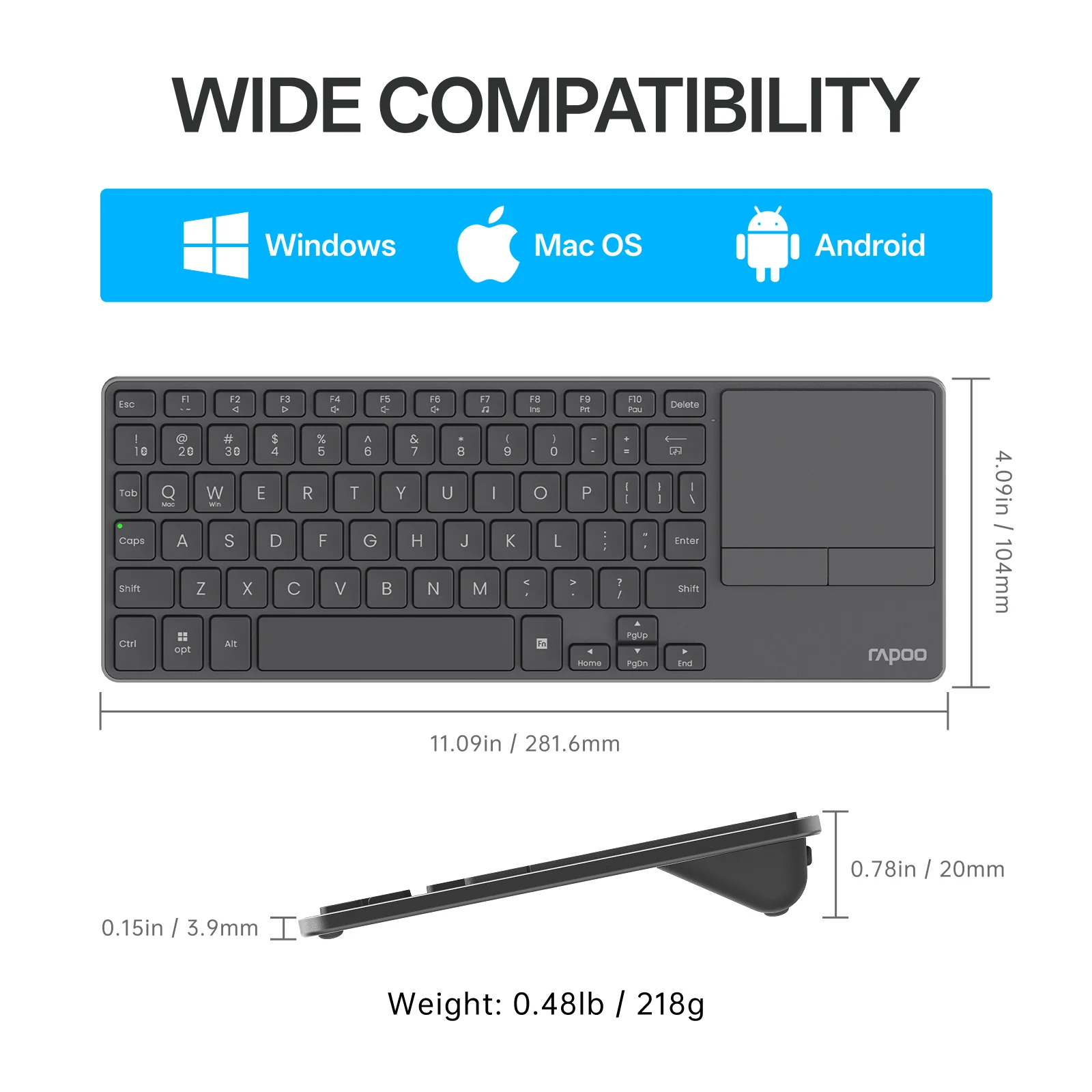 RAPOO E900T Mini Wireless Keyboard Black with Touchpad Multi-Device HTPC Support Touch Gestures for Windows & Mac 6 RAPOO E900T