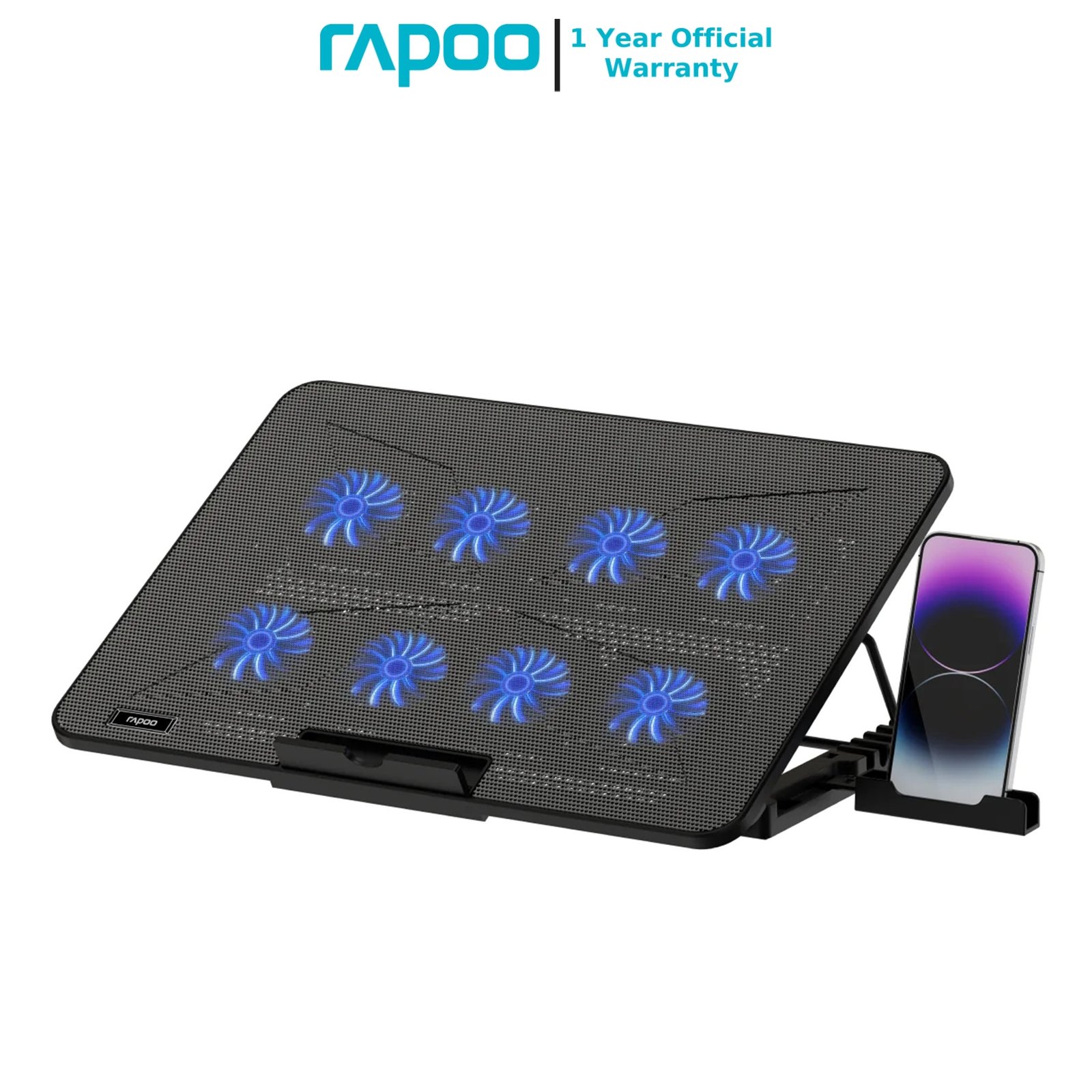 RAPOO CF300 Laptop 8 Fans Cooling Pad with 6-Level Adjustable Silent and Multi-Functional Phone Stand for Laptops up to 17 Inches Black 1 RAPOO CF300