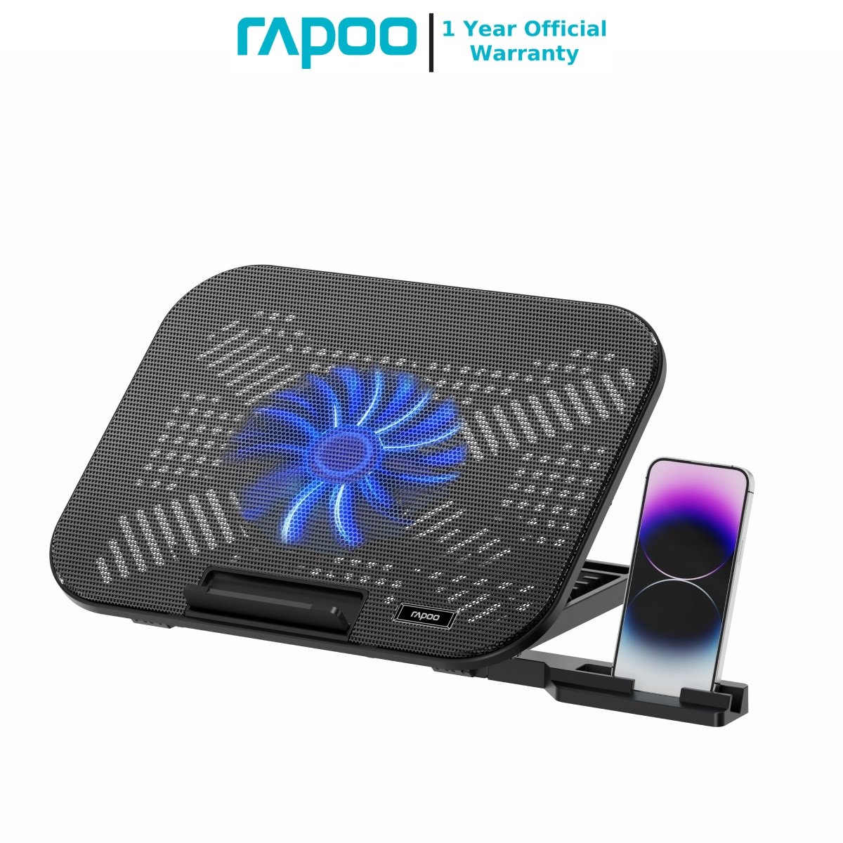 RAPOO CF100 Laptop Single Fan Cooling Pad with 6-Level Adjustable Silent 130mm Fan and Multi-Functional Phone Stand for Laptops up to 14 Inches Black 1 RAPOO CF100
