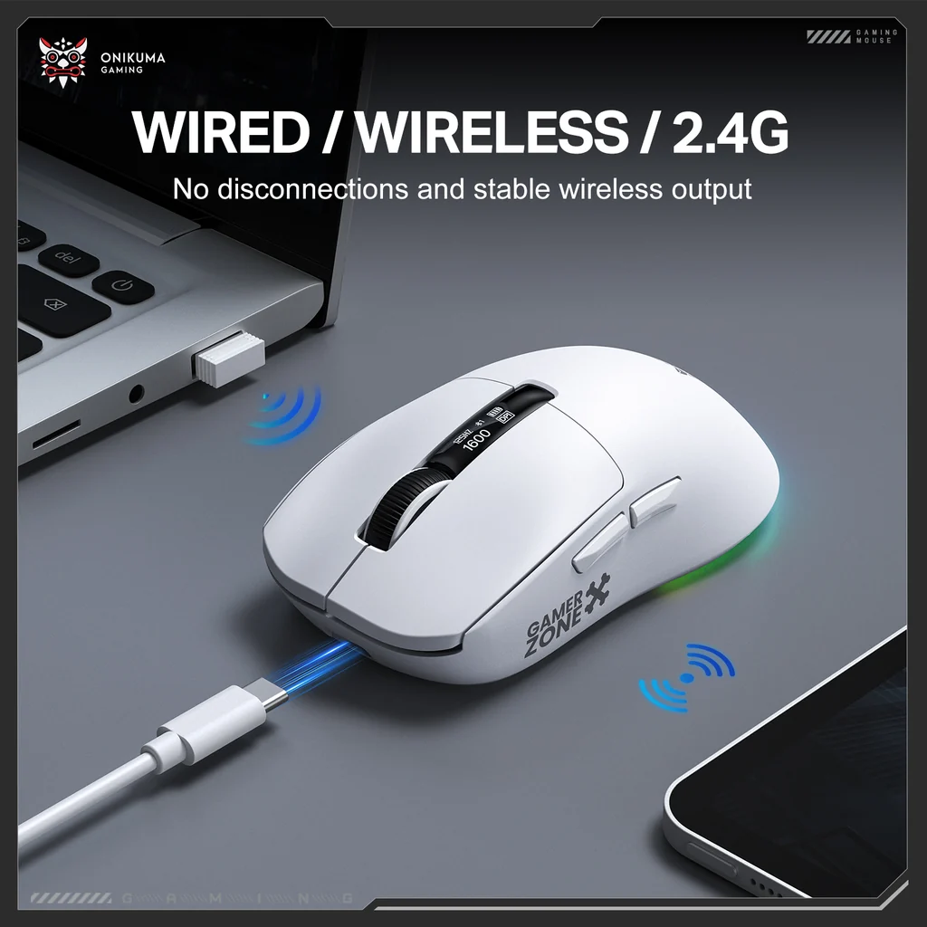 ONIKUMA DM07 Tri-Mode RGB Wireless Gaming Mouse White with PAW3311 Sensor 12800Dpi 1000Hz Polling Rate & 6-Level DPI 4 ONIKUMA DM07 Tri-Mode RGB Wireless Gaming Mouse White with PAW3311 Sensor 12800Dpi 1000Hz Polling Rate & 6-Level DPI - Image 4
