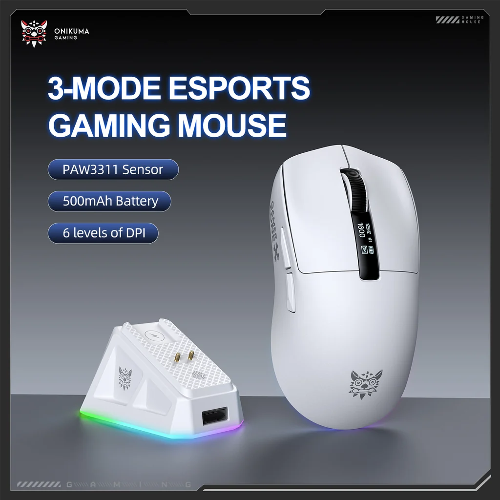 ONIKUMA DM07 Tri-Mode RGB Wireless Gaming Mouse White with PAW3311 Sensor 12800Dpi 1000Hz Polling Rate & 6-Level DPI 8 ONIKUMA DM07